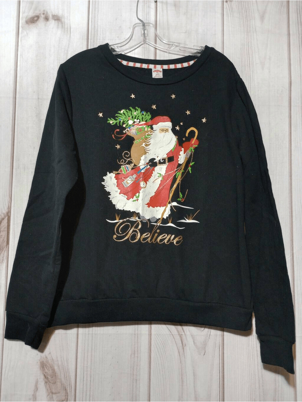 Holiday Time Large Black Santa Believe Sweatshirt Cotton Polyester